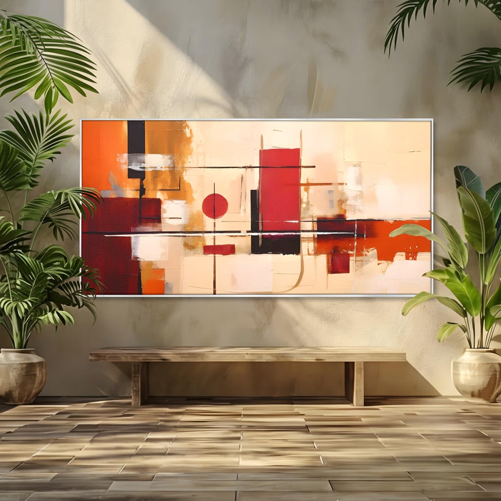 Tablou canvas cu pictura abstracta cu forme geometrice, in rama de aluminiu argintiu